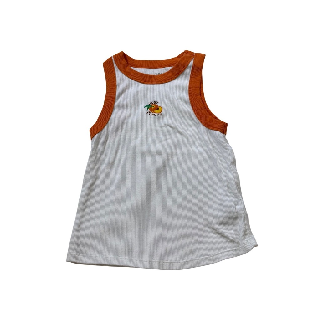 Old Navy Tank Top S White Just Peachy Ringer Ribbed Summer Fruit Y2K Festival